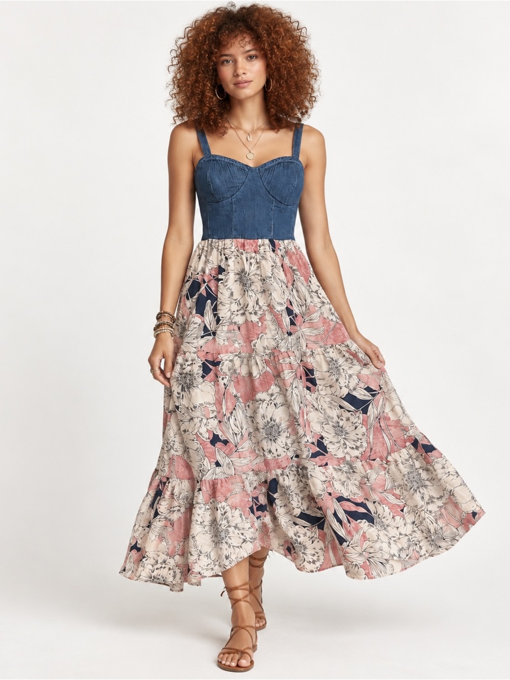 Boho Floral Denim Bustier Tiered Midi Dress Smocked Back Adjustable Straps